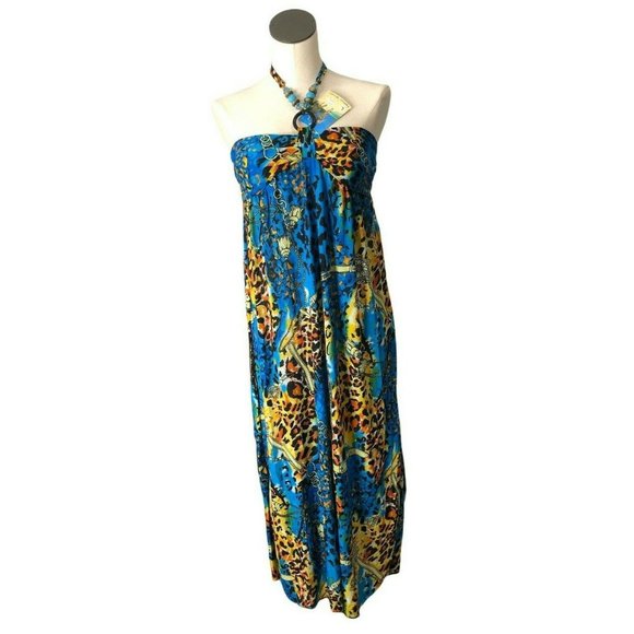 Maxi Dress Blue Womens Large Bathing Suit Cover MuMu Silk Blend Elastic Back NWT - Picture 1 of 9